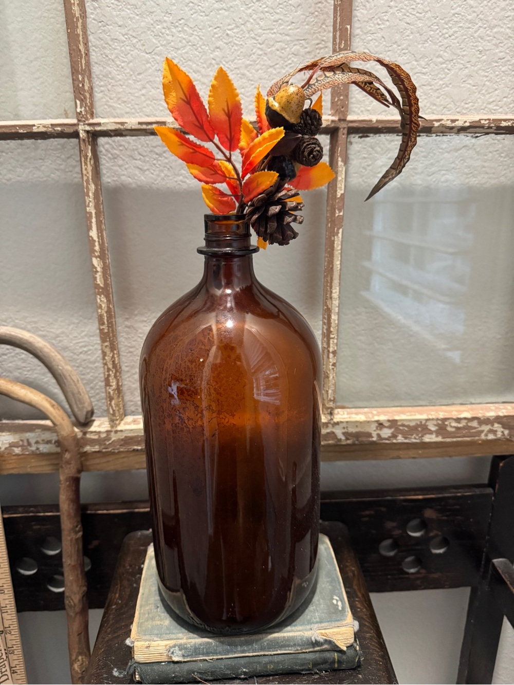 Vintage Large 13" Brown Round Glass Apothecary Bottle, Illinois-Owens